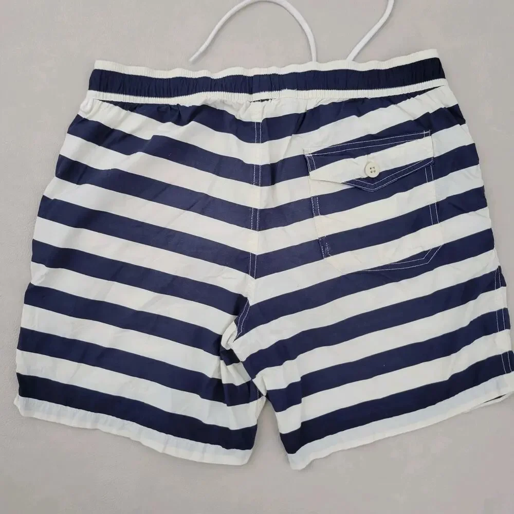 Lot (2) J Crew Swim Trunks Shorts Mens M Navy Blue Striped Mesh Lined Swimsuit